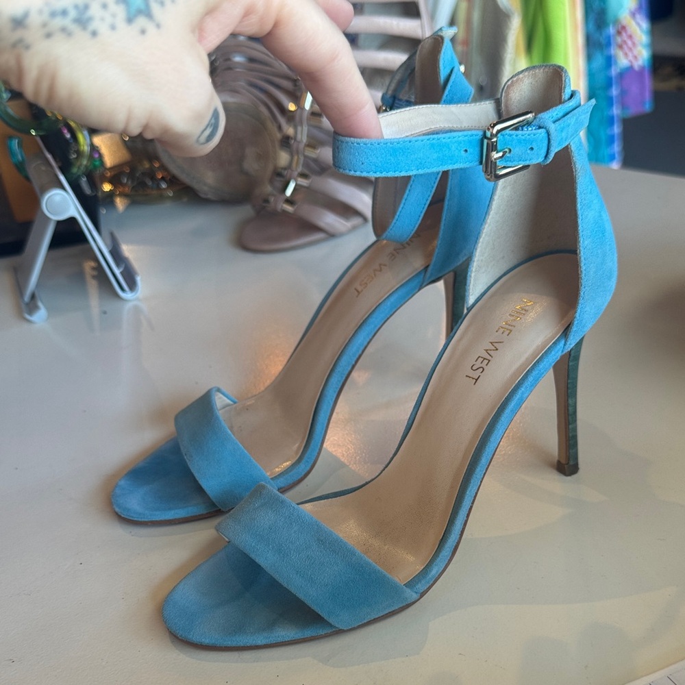 Nine West Turquoise Suede Ankle-Strap Stiletto Sandals